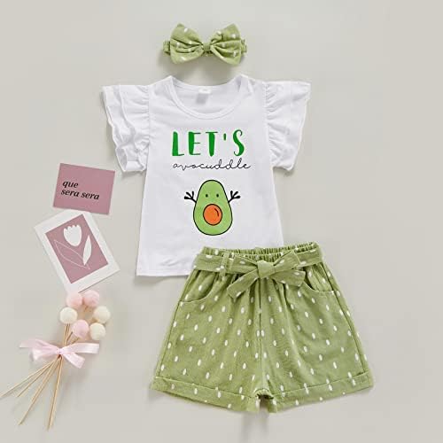Yürüyor Çocuk Bebek Kız Yaz Kıyafetler Fırfır Kısa Kollu Avokado Baskılı T-Shirt Üst + Polka Dot Şort Setleri + Kafa Bandı 3
