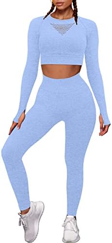 OYS Egzersiz Setleri Kadınlar ıçin 2 Parça Kıyafetler Dikişsiz Yüksek Bel Yoga Tayt Uzun Kollu Mahsul Tops Aktif Spor Giyim