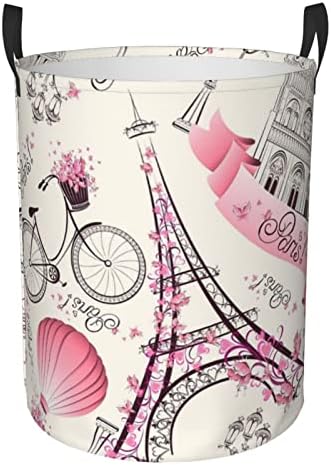 Romantik Paris Eyfel Kulesi Bycicle Dairesel Sepet Çamaşır Sepeti İçin Yuvarlak Sepet, Dayanıklı Saplı, Su Geçirmez Oxford Kumaş,