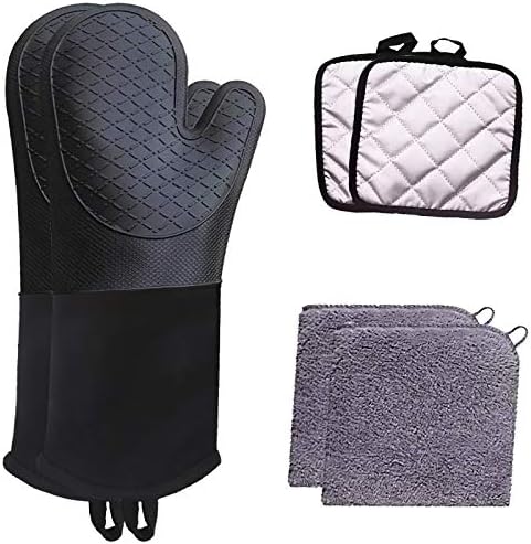 Silikon fırın eldiveni , ısı yalıtım yastığı ve temizlik havlu seti (6 adet), ısı-kaymaz su geçirmez ızgara mutfak fırın eldivenleri,