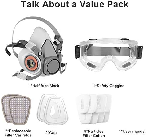 Solunum Maskesi,Yarım Yüz Parçası Güvenlik Gözlüklü Gaz Maskesi Yeniden Kullanılabilir Profesyonel Solunum Toz,Kimyasal,Böcek