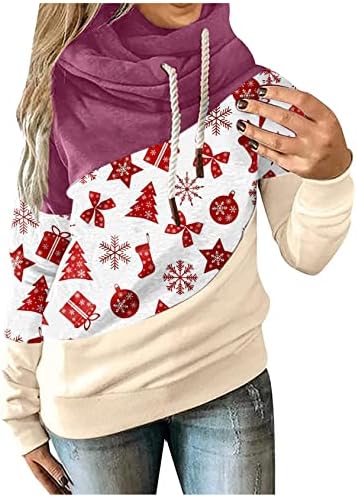 Kadınlar için Noel Hoodies,Bayanlar Yüksek Boyun Dikiş Noel İpli Baskı Uzun kollu Kapüşonlu Sweatershirt