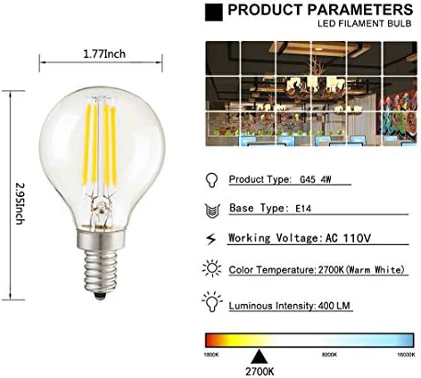 4W G45 Kısılabilir Şamdan LED Ampul, 2700K Sıcak Beyaz 400LM, E14 Taban Lambası, G45 Şeffaf Cam Küre Ampul, 40W Akkor Değiştirme,