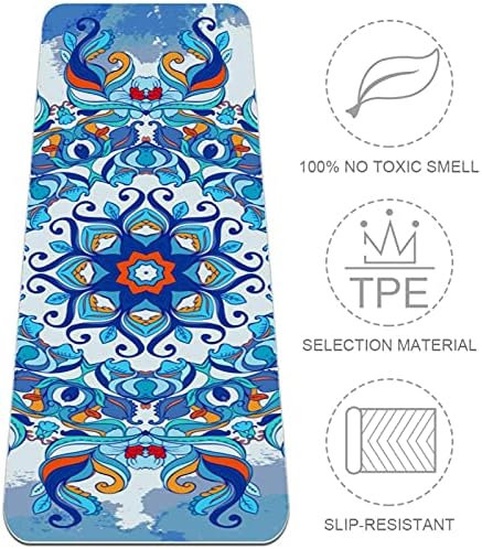 Inhomer 6mm Ekstra Kalın Yoga Mat, Trippy Mandala Mavi Çiçek Baskı Çevre Dostu TPE Egzersiz Paspaslar Pilates Mat ile Yoga için,