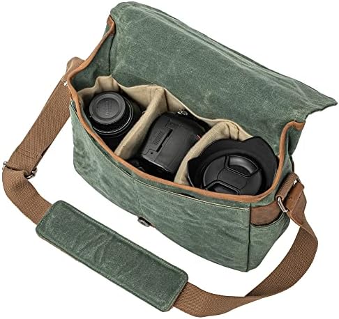 Kamera Çantası, SLR DSLR Su Geçirmez Tuval Kamera Çantası, Kadınlar ve Erkekler için Vintage Yastıklı Omuz Çantası (Yeşil)