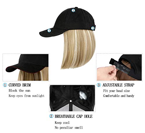 Qlenkay beyzbol şapkası ile saç ekleme Düz Kısa Bob Saç Ayarlanabilir Çıkarılabilir Peruk Şapka 18 inç için Kadın Kız Kül Sarışın