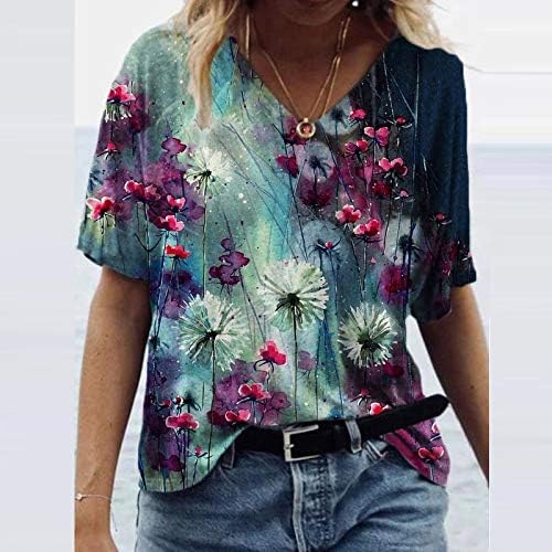 KEYEE Kadın T Shirt Çiçek Baskı Sevimli Grafik Tees Yaz Komik Rahat Kısa Kollu T-Shirt Tunikler Tops