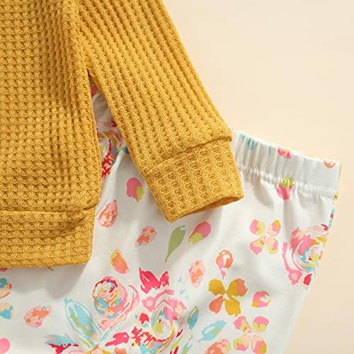 Bebek Kız Giyim Seti, Düz Renk Uzun Kollu O-Boyun Tops + Çiçek Baskı Pantolon + Yay-Düğüm Bandı