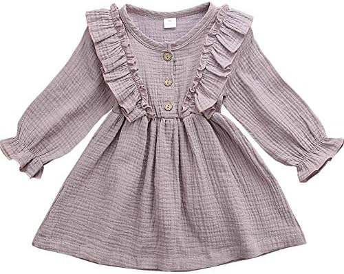 Toddler Bebek Kız Ilmek Düğmeleri ıle Uzun Kollu Pamuk Keten Elbise Güz Kış Casual Playwear Kıyafetler