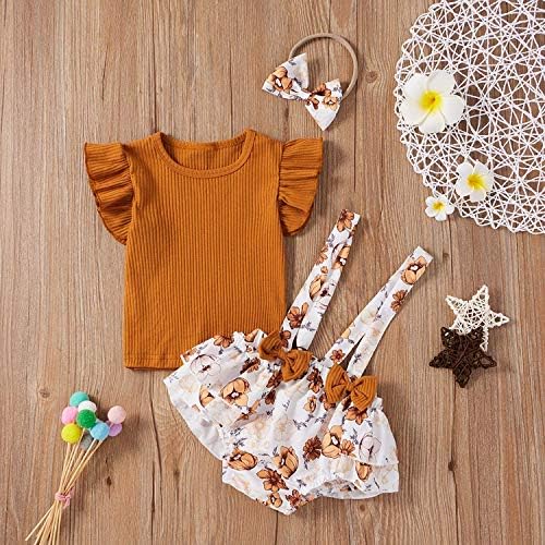 Yenidoğan Bebek Kız Yaz Giysileri Fırfır Kollu Nervürlü T-Shirt Üst Çiçek Askı Şort Bandı 3 Adet Kıyafet