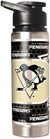 Metalik Grafikli NHL Pittsburgh Penguins Çift Cidarlı Paslanmaz Çelik Su Şişesi, 20 Ons, Gümüş