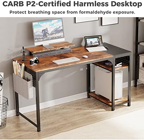 55 İnç Rustik Kahverengi Ev Ofis Bilgisayar Masası Monitör Standı ile Depolama Rafları, çalışma Çalışma Yazma Oyun Masası Büyük