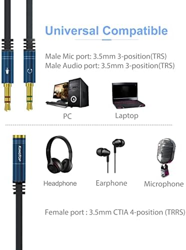 KİNGTOP Kulaklık Splitter Kablo 3.5 mm Kadın 2 Erkek PC Bilgisayar ve Eski Sürüm Laptop için (Mavi)