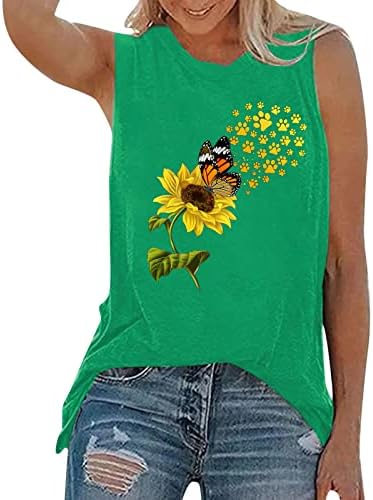 Kadın Ayçiçeği Kelebek Grafik Tankı Üstleri Rahat Yaz Crewneck Gömlek Moda Kolsuz Yoga Egzersiz Tees Bluz