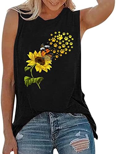 Kadın Ayçiçeği Kelebek Grafik Tankı Üstleri Rahat Yaz Crewneck Gömlek Moda Kolsuz Yoga Egzersiz Tees Bluz