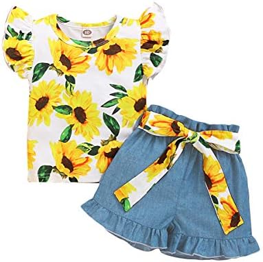 YALLET 3 ADET Toddler Kız Kıyafet, Kısa Kollu Çiçekler Fırfır Tops Kısa Kot Pantolon + Çiçekler Belat
