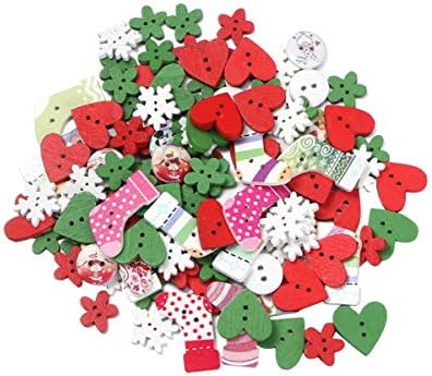 Amosfun 120 adet Noel Ahşap Düğmeler Bezemeler Dikiş Zanaat Düğmeleri Mini Noel Ağacı Kar Tanesi Kalp Miniaure Karışık Desenler