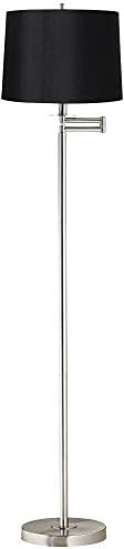 Modern Çağdaş Salıncak Kolu Zemin Ayakta Lamba 60.5 Uzun Boylu Fırçalanmış Nikel Gümüş Krom Beyaz Ciltli Konik Davul Gölge Dekor
