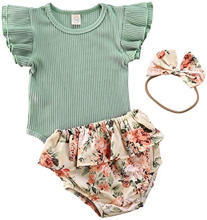 Yenidoğan Bebek Kız 2 adet Giysi Set Nervürlü Bodysuit Romper ve Çiçek Leopar Fırfır Kısa / Pantolon ile Kafa Bandı