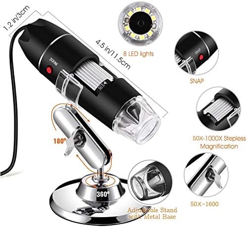 Schine USB Mikroskop,8 LED, USB 2.0 Dijital Mikroskop, 50 ila 1000x Büyütme Endoskopu, Metal Standlı 2MP Mikroskop Kamera, Windows