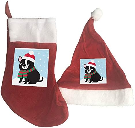 JİUCHUAN Noel Çorap ve Şapka Seti, sevimli Fransız Bulldog Köpek Noel Çorap ve Santa Şapka Klasik Kırmızı ve Beyaz Noel Yeni