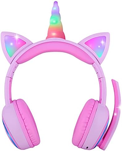 CHTON Kablosuz Çocuk Mikrofonlu Kulaklıklar, LED Işıklı Sevimli Tek Boynuzlu At Bluetooth Kulaklıklar, Okul Xmas Tek Boynuzlu