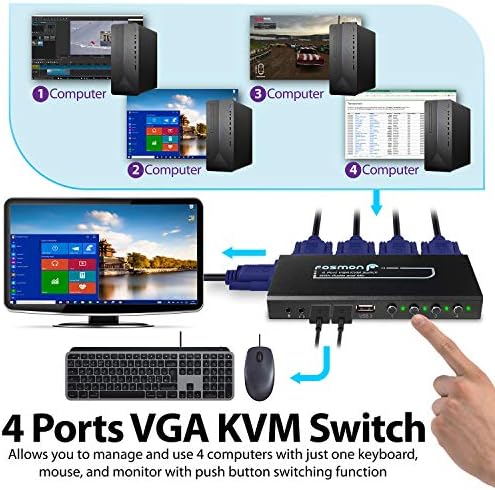 Fosmon 4 Portlu VGA KVM Anahtarı, 3 USB Hub, 1 Ses Çıkışı, 4 VGA Kablosu, (DDC'Lİ 2048x1536@500MHz) 1 Monitör ve 3 USB Aygıtlı