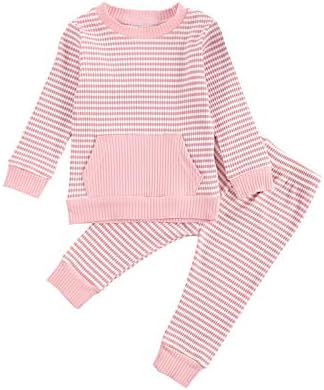 Yürüyor Boy Kız Nervürlü Stripes Uzun Kollu Kazak Tişörtü Hoodies + Pantolon Kıyafetler Erkek Bebek Kız Pjs Pijama Set