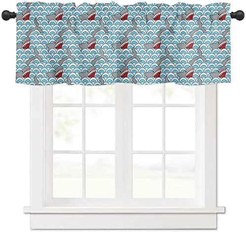 Perde Valances Windows için Karikatür Köpekbalığı ve Dalga Desen Pencere Perdeleri Oturma Odası için Dekoratif Çubuk Cep 54x18