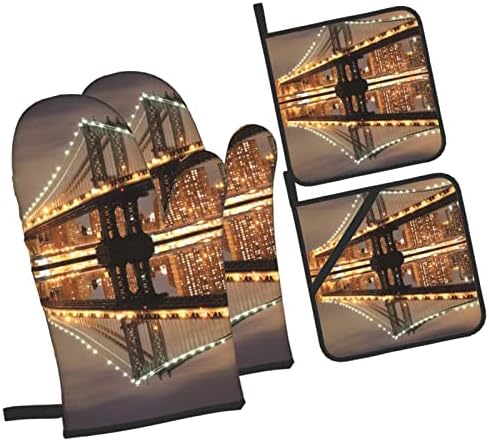 New York Manhattan Köprüsü Gece Baskı Fırın Eldiveni ve Pot Tutucular Setleri, Mutfak Fırın Eldiveni Yüksek ısıya dayanıklı 500