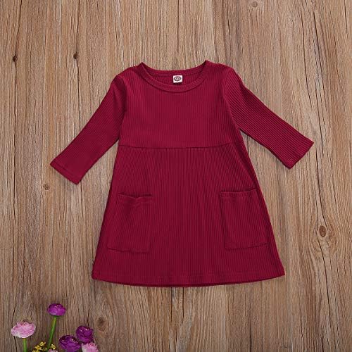 Toddler Bebek Kız Örme Elbise Düz Renk Uzun Kollu Ön Cep Elbise Kazak Üst Sonbahar Kış Giysileri için 1-5 T