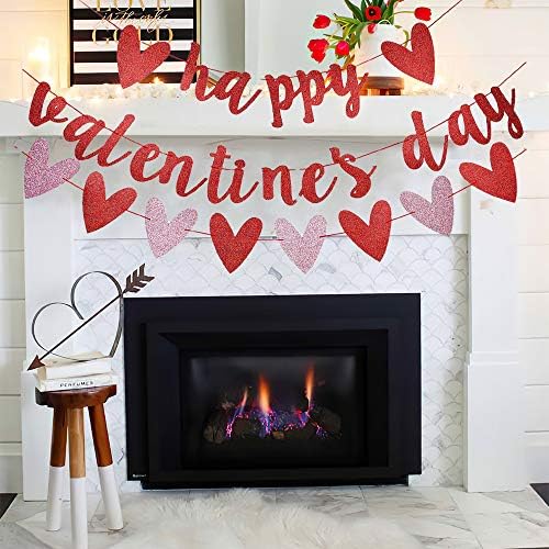 Mutlu sevgililer Günü Kalp Afiş, Sevgililer Günü Süslemeleri Parti Malzemeleri için Işıltılı Kalp Garland Afiş-Kırmızı ve Pembe