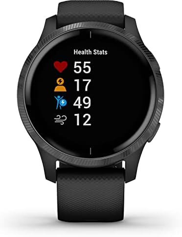 Garmin Venu Smartwatch (Kayrak Paslanmaz Çelik Çerçeve, Siyah Kılıf, Silikon Bant) Şarj Standı ve Mikrofiber Bez ile