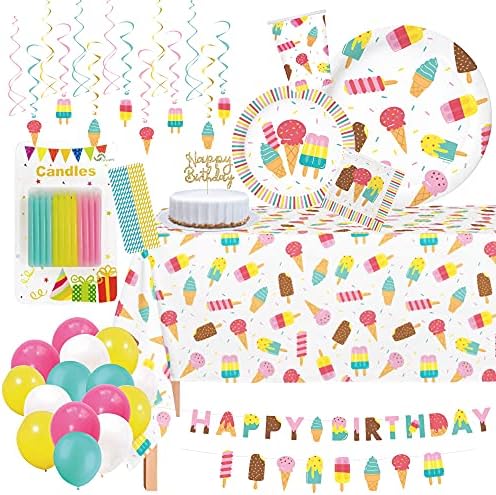 24 Porsiyon / Komple Dondurma Partisi Malzemeleri / Tabaklar,Peçeteler,Masa Örtüleri,Balonlar,Girdaplar, Doğum Günün Kutlu Olsun
